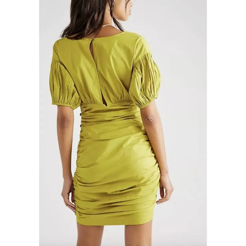 Free People Tastemaker Mini Dress Cotton Ruched Pleated Puff Sleeve Green XS